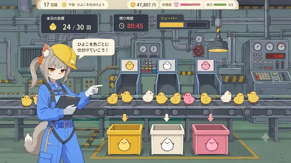 Paparan permainan ミイちゃん dengan panel perbualan dan aktiviti