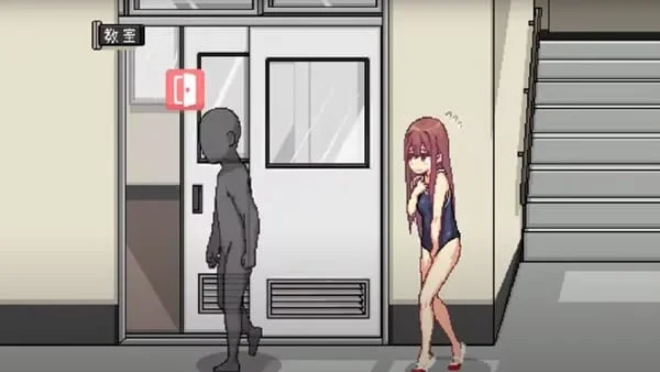 Koridor sekolah dengan pelajar pixel