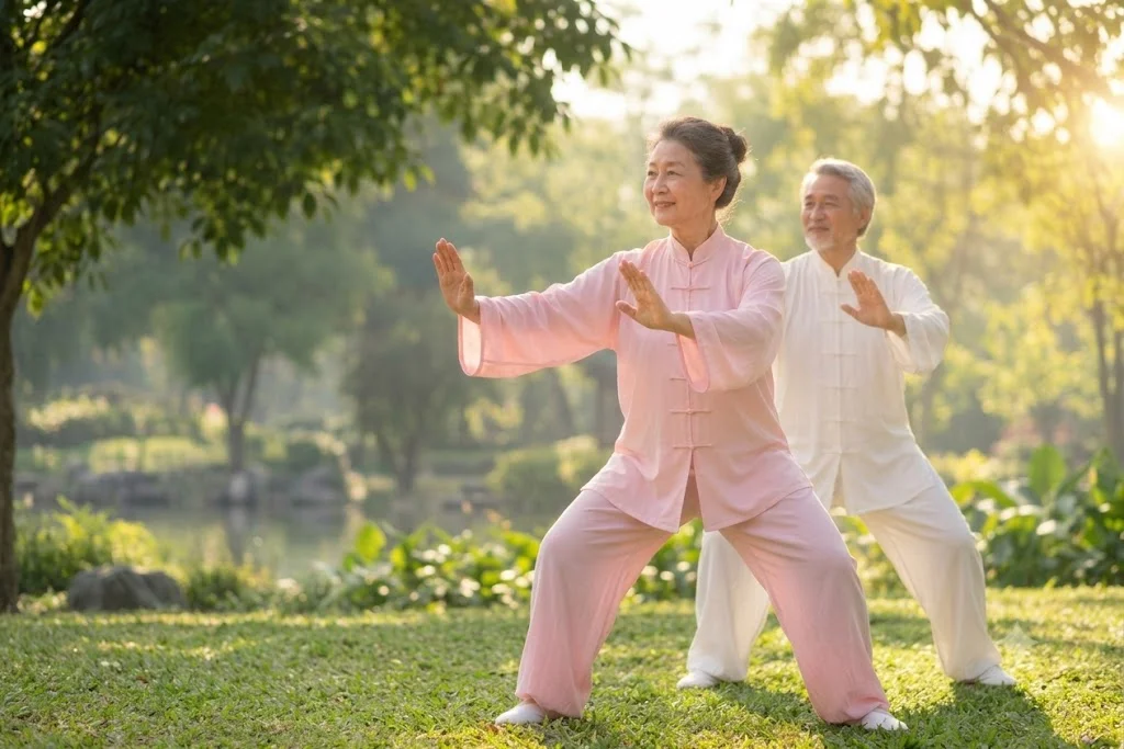 คู่สามีภรรยาสูงวัยฝึกไทชิด้วยกันในสวน